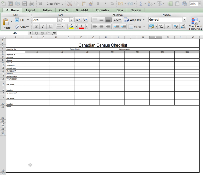 screenshot of Canadian Census Checklist spreadsheet