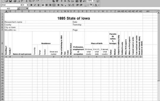 1885 Iowa Census Template