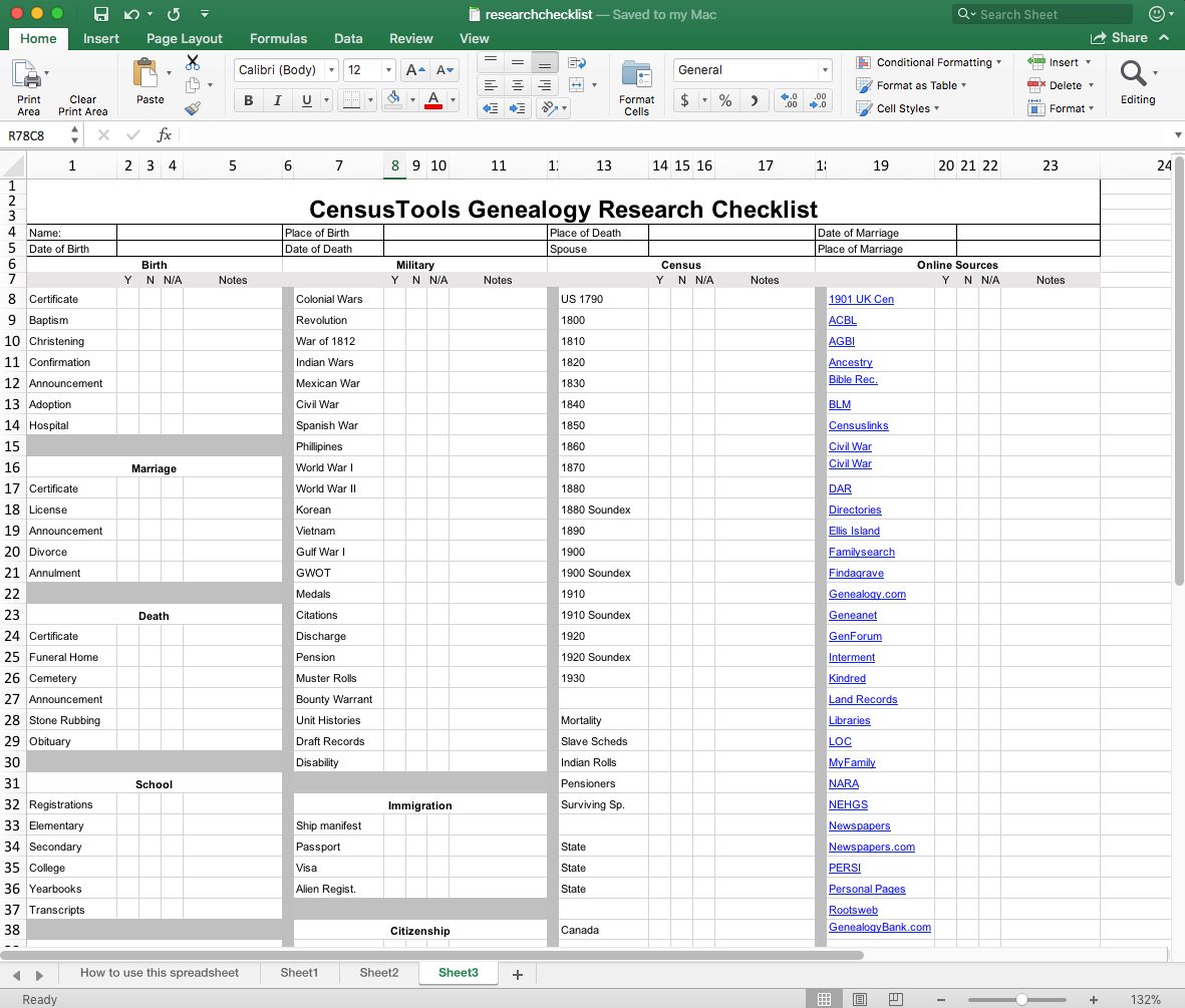 Genealogy Research Log Excel Template
