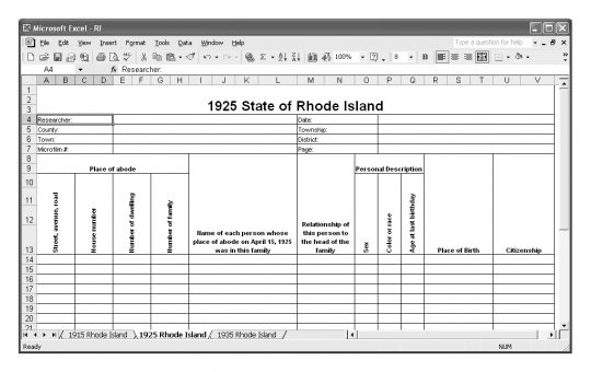 1925 Rhode Island Census Template