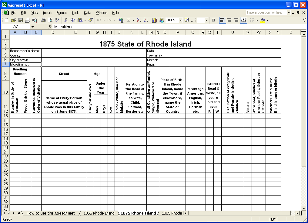 CensusTools 1875 Rhode Island Census Template