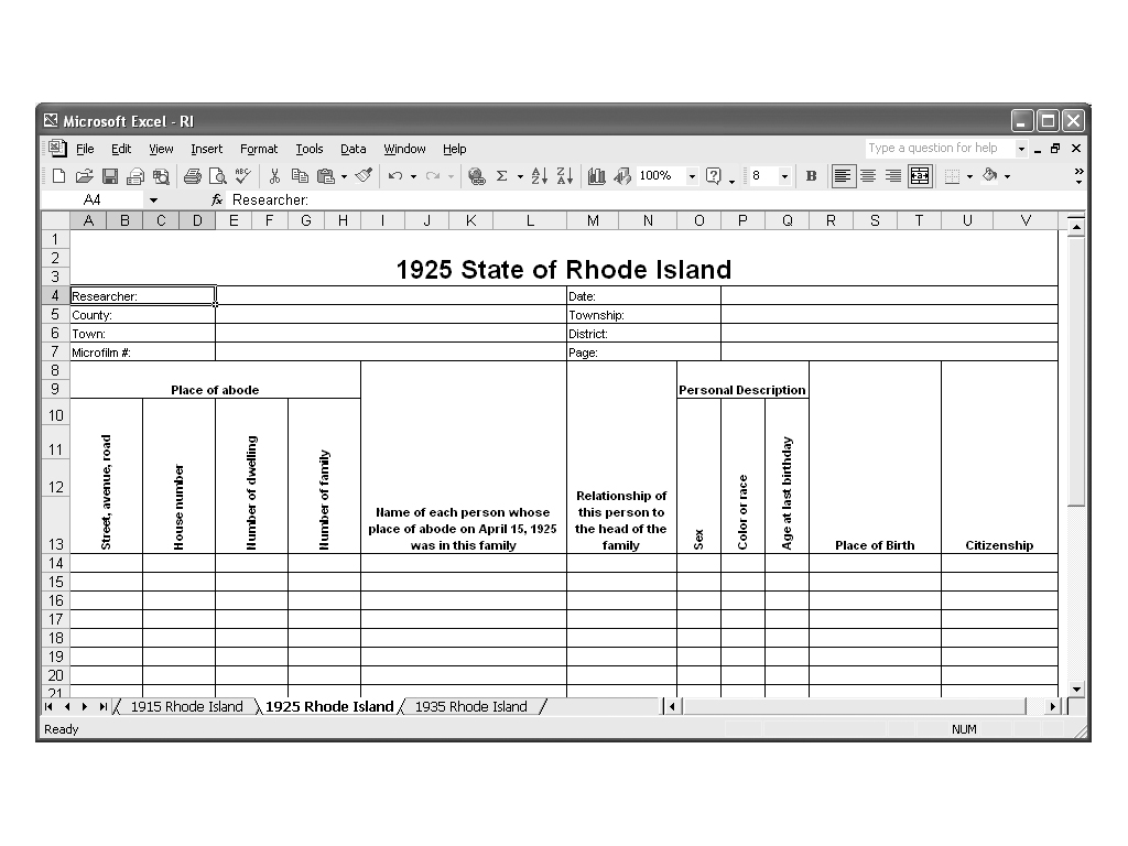 CensusTools 1925 Rhode Island Census Template
