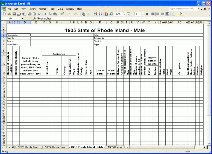 CensusTools 1905 Rhode Island Census Template - Male