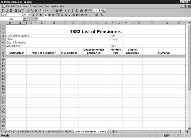 CensusTools US 1883 List of Pensioners Template