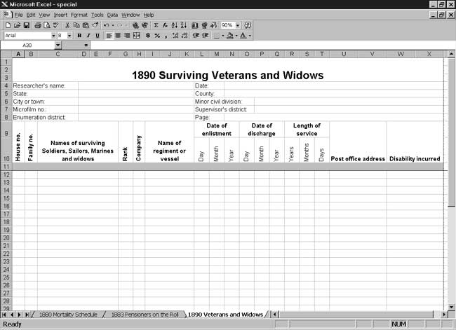 CensusTools US 1890 Surviving Veterans and Widows Schedule Template